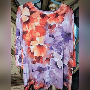 Susan Graver Plus Size 1X Floral Long Sleeve Top - Purple and Orange